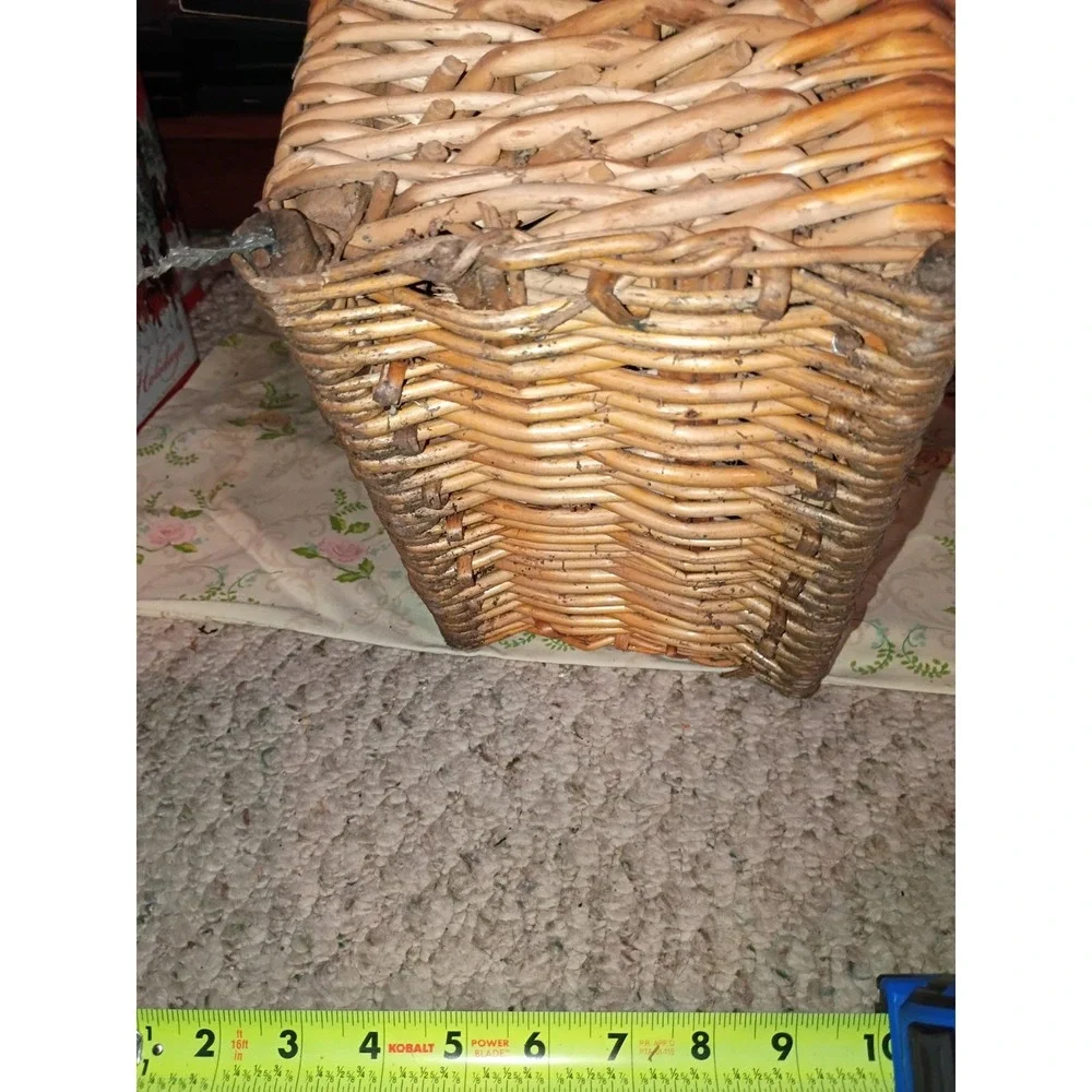 Rectangular‎ Woven Wooden Wicker Basket Blue Ribbon Bow Vintage Cottage Core